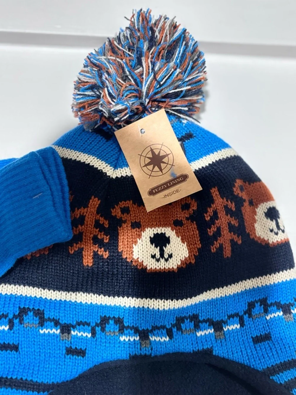 Youth Kids Blue Bear Knit Pom Beanie with Matching Mittens NWT